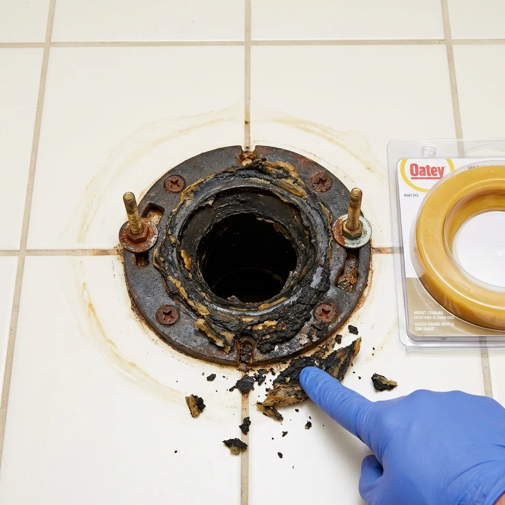 Failed wax ring showing water seepage at the base of a toilet in a Buchanan, VA home