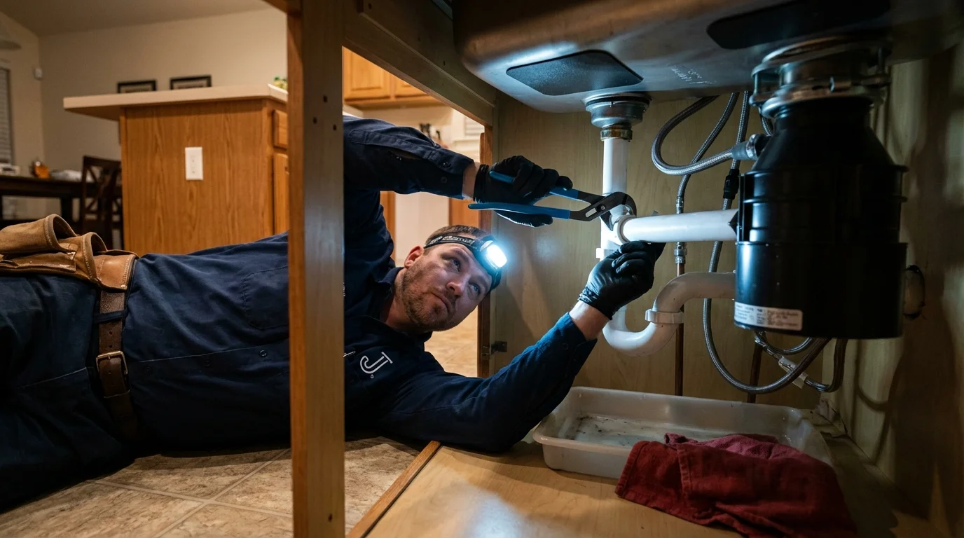P-trap and supply line connections under a kitchen sink showing a common leak point in Buchanan, VA